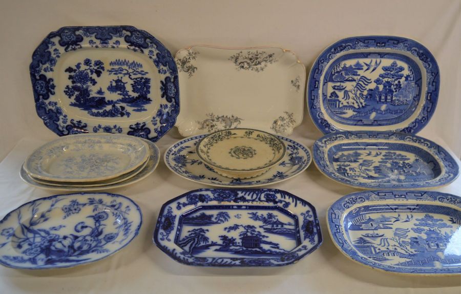 11 meat dishes, Victorian & later, including Willow pattern