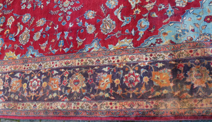 Rich red ground Persian Tabriz carpet with floral medallion & blue border 346cm by 259cm - Image 2 of 5