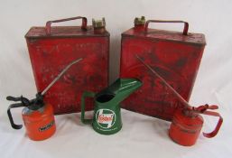 2 Esso petrol cans with brass caps and 3 oil cans includes Wesco and Castrol