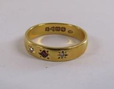 22ct gold band set with diamonds and ruby - ring size M - total weight 4.27g