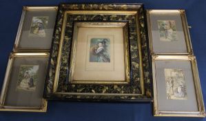 "The Parting Look" Baxter print with embossed mount in elaborate frame & four small Baxter prints in