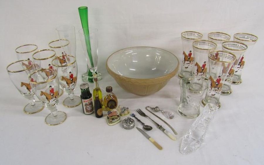 Gold rimmed glasses with hunt design, mixing bowl, alcoholic miniatures, Melbourne crystal shoe etc