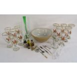 Gold rimmed glasses with hunt design, mixing bowl, alcoholic miniatures, Melbourne crystal shoe etc