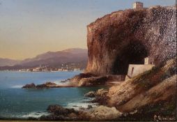Hubert Sattler (1817-1904) Austrian oil on board depicting coastline with buildings, signed with