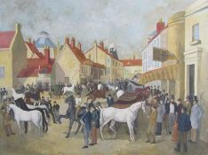 Framed unsigned oil on canvas of a horse market framed by H.Bexon & Son Louth - approx. 113cm x 88cm