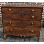 Early 19th century mahogany veneered chest of drawers on splayed bracket feet (one knob requires