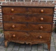 Early 19th century mahogany veneered chest of drawers on splayed bracket feet (one knob requires