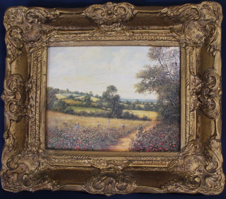 Gilt framed print depicting children in a poppy field 38.5cm x 33cm