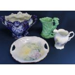 Victorian style blue and white jardiniere, green Sylvac Rabbit jug 1978 & hand painted jug & bowl