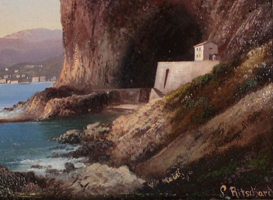 Hubert Sattler (1817-1904) Austrian oil on board depicting coastline with buildings, signed with - Image 2 of 4