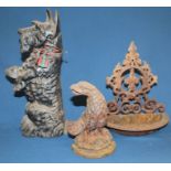 Cast iron Scottie Dog door stop, small bird bath & decorative finial