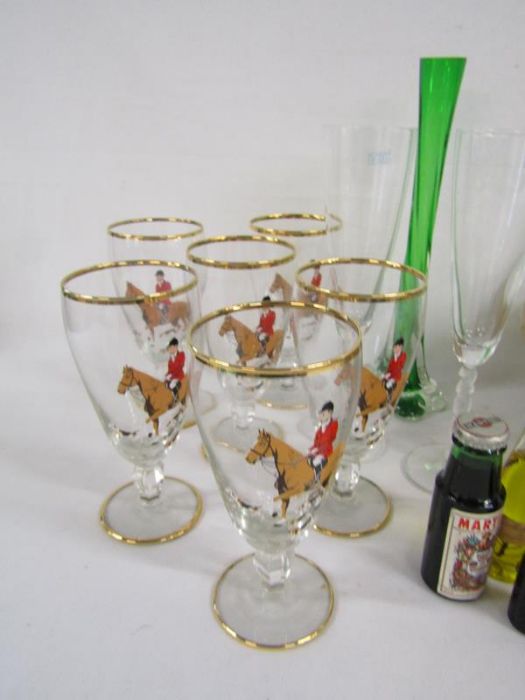 Gold rimmed glasses with hunt design, mixing bowl, alcoholic miniatures, Melbourne crystal shoe etc - Image 2 of 5