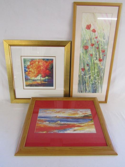 Limited edition 22/250 'Golden Autumn' print, sunset print and Dennis Lewis watercolour of poppies