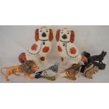 Pair of Staffordshire spaniels, Beswick lion (repair to tail) 2 Beswick pigeons, a squirrel