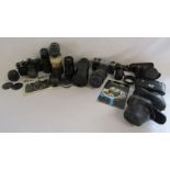 Collection of cameras and lenses, Asahi Pentax ESII and spotmatic, Schacht. Soligor, Carl Zeiss