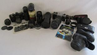 Collection of cameras and lenses, Asahi Pentax ESII and spotmatic, Schacht. Soligor, Carl Zeiss