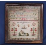 Victorian sampler in rosewood frame by Laura Agnes Hardcastle aged 10 1874, 50cm x 52.5cm (reverse