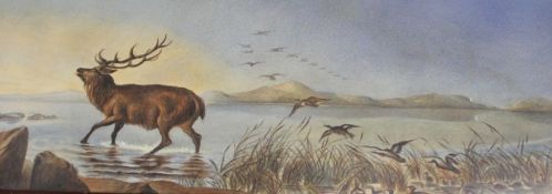 Framed watercolour depicting stag and a flight of ducks, artist unknown, bearing Lacey & Greaves
