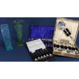 Whitefriars type blue glass bark vase, green pressed glass vase & 3 cases of silver plated cutlery