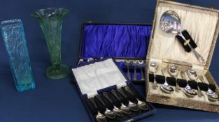Whitefriars type blue glass bark vase, green pressed glass vase & 3 cases of silver plated cutlery