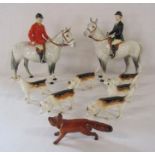 Beswick hunting scene includes huntsman on dapple horse, huntswoman on dapple horse, 6 hounds and