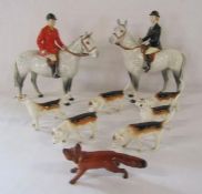 Beswick hunting scene includes huntsman on dapple horse, huntswoman on dapple horse, 6 hounds and