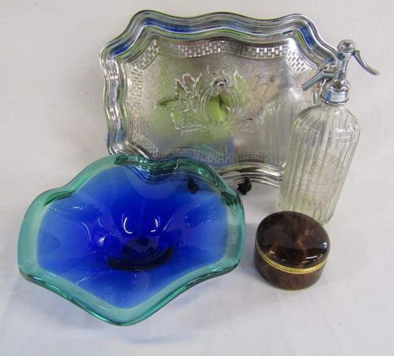 J.H Measures & Sons syphon bottle, blue and green glass bowl, lidded trinket pot and chromium tray