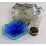 J.H Measures & Sons syphon bottle, blue and green glass bowl, lidded trinket pot and chromium tray