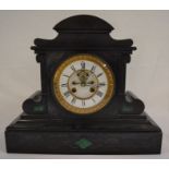Large Victorian slate mantel clock in set with malachite Ht 34cm L 38cm