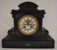 Large Victorian slate mantel clock in set with malachite Ht 34cm L 38cm