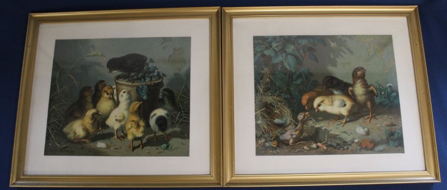 Pair of gilt framed oleographs "The Finding of Moses" & "A Chicken's Sermon" after Sus 47.5cm x