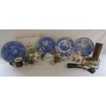 Boxed set of Spode Blue Room plates, Botanical, Girl at Well, Rome and Woodman, Western Germany