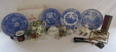 Boxed set of Spode Blue Room plates, Botanical, Girl at Well, Rome and Woodman, Western Germany