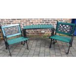 Green cast iron garden table & 2 chairs