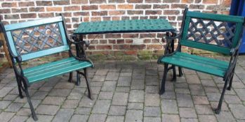 Green cast iron garden table & 2 chairs