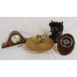 8 day mantel clock with inlaid decoration, ships wheel nut cracker, wooden carved heads and