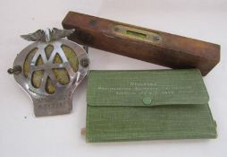 AA mascot car badge, Hockley Abbey wood and brass level and 'Wellcome' photographic exposure