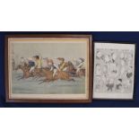 Framed Vanity Fair print (with centre fold) "The Winning Post" depicting caricature of jockey's