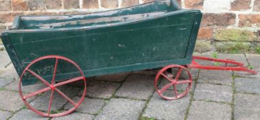 Child's green wooden cart with iron wheels 71cm x 31.5cm