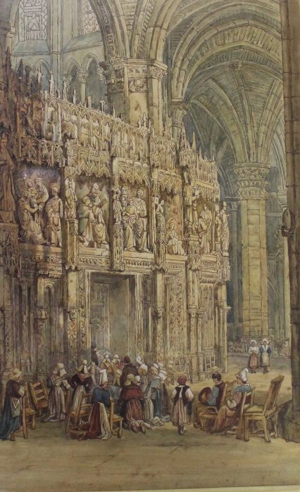 Gilt framed watercolour depicting Continental cathedral interior bearing monogram SP - possibly - Image 2 of 6