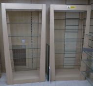 *2 large modern display units with glass shelves 200cm high x 100cm wide Shelf sizes 97cm by 49cm