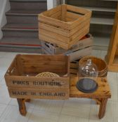 *4 advertising crates, small wooden bench, barrel & glass display dome