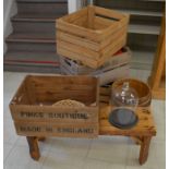 *4 advertising crates, small wooden bench, barrel & glass display dome