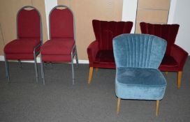 *3 upholstered chairs & 4 metal framed stacking chairs