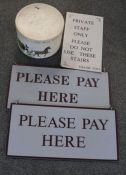 *2 x Please Pay Here hanging plastic signs, Private Staff Only cardboard sign & Scotts hat box