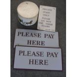 *2 x Please Pay Here hanging plastic signs, Private Staff Only cardboard sign & Scotts hat box