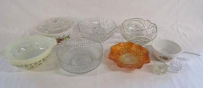 Collection of glass bowls, orange Carnival ware bowl and vintage cooking bowls and pan
