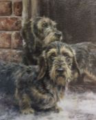Large oil on canvas depicting rough coated Daschunds / Teckel by Mick Cawston 1992 56cm x 66.5cm