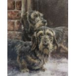 Large oil on canvas depicting rough coated Daschunds / Teckel by Mick Cawston 1992 56cm x 66.5cm