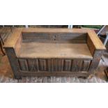 17th century oak coffer converted to a bench L 124cm D 55cm Ht 60cm